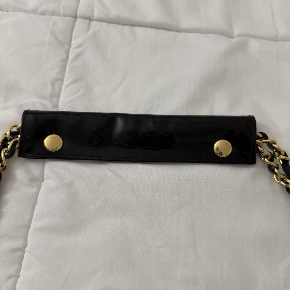 St. John Tote Bag Large Black Patent Leather Embossed Gold Chain Straps - Picture 3 of 11
